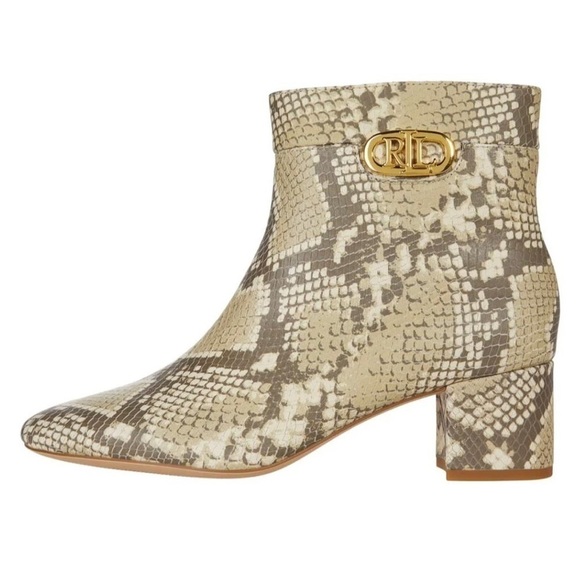 Nib Ralph Lauren Wynne II Python Embossed Leather Block Heel Booties Boots - Picture 1 of 16